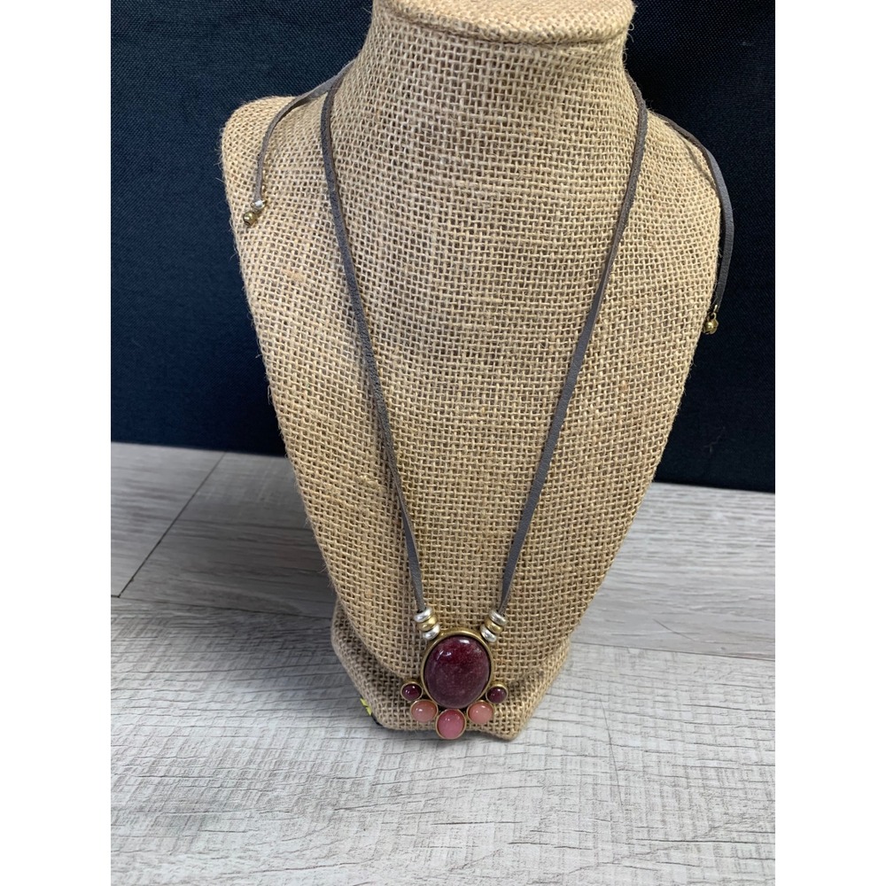 Lucky Brand‎ Boho Multi Stone Pendant Cord Adjustable Necklace Burgundy Pink